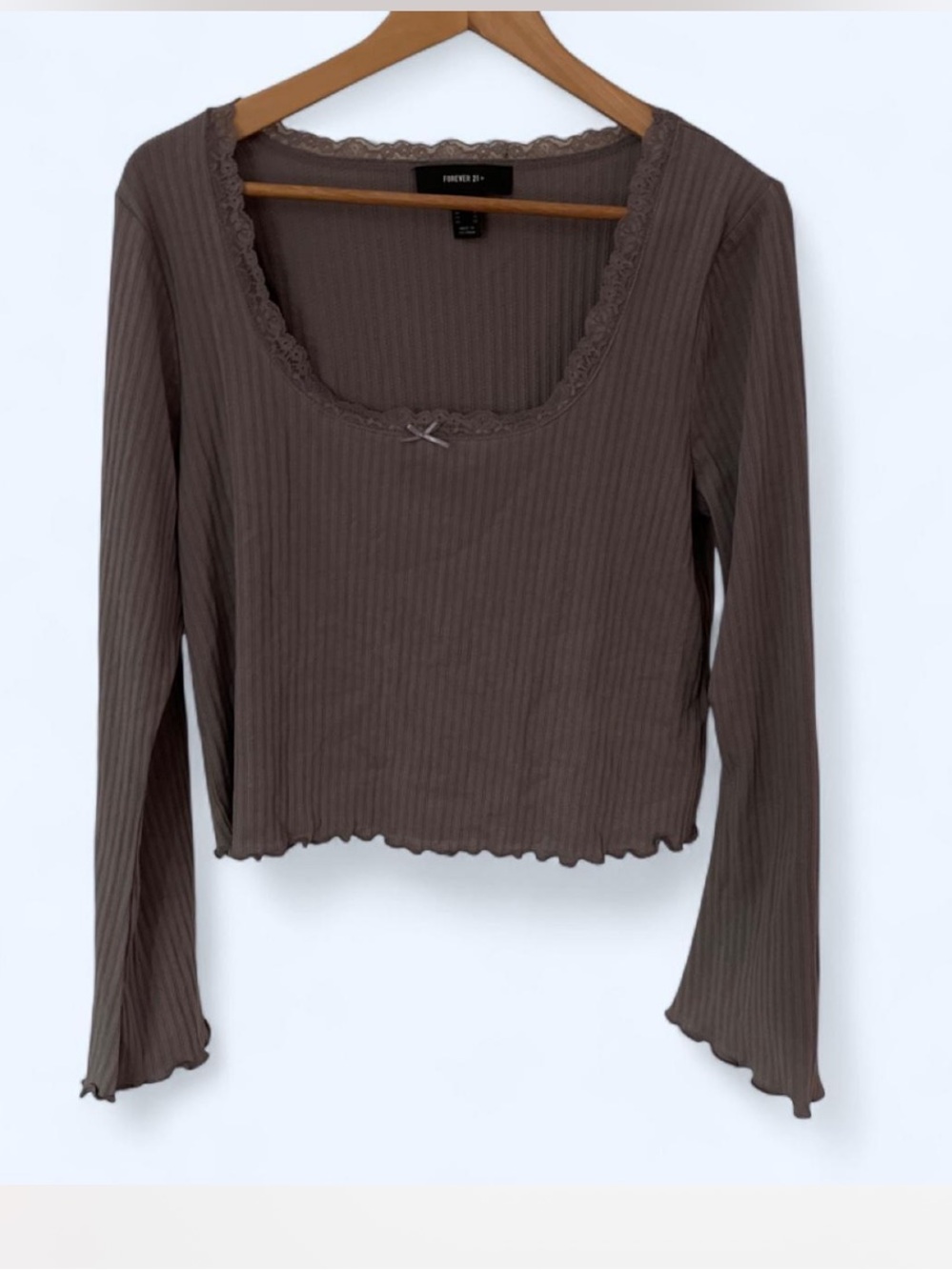 Forever 21 Gray Ribbed Scoop Neck Long Sleeve Top